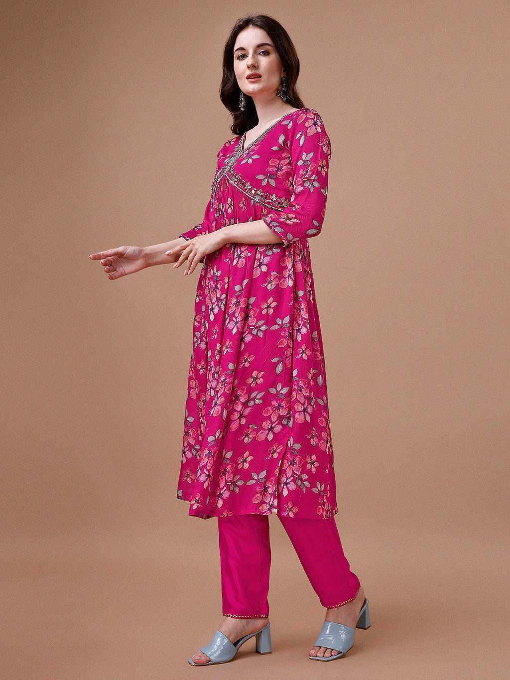 Alia Cut Hand Embroidered Floral Print Kurta With Pant & Dupatta, Multicolor - Hiral Fashion