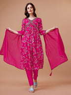 Alia Cut Hand Embroidered Floral Print Kurta With Pant & Dupatta, Multicolor - Hiral Fashion
