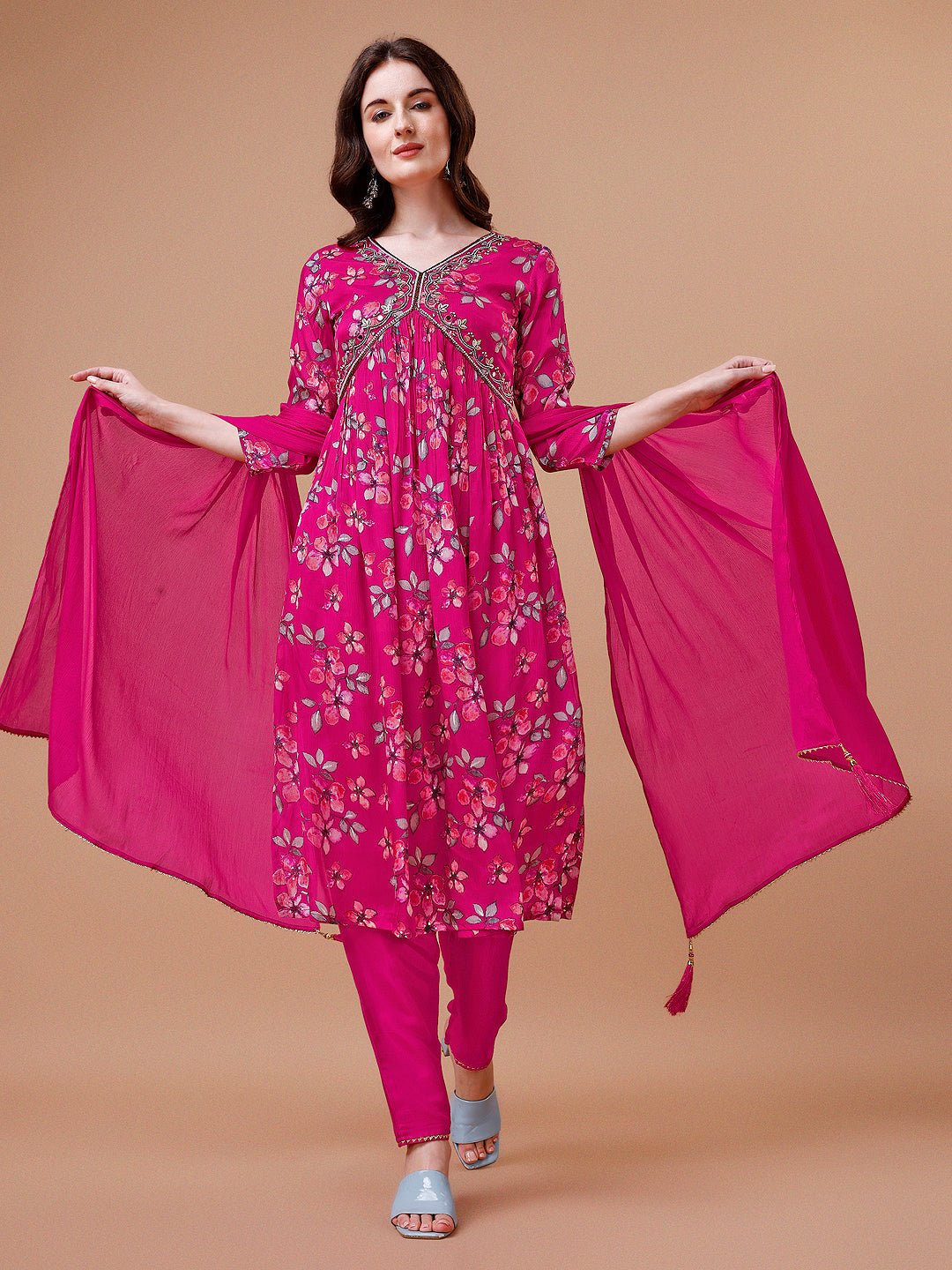 Alia Cut Hand Embroidered Floral Print Kurta With Pant & Dupatta, Multicolor - Hiral Fashion