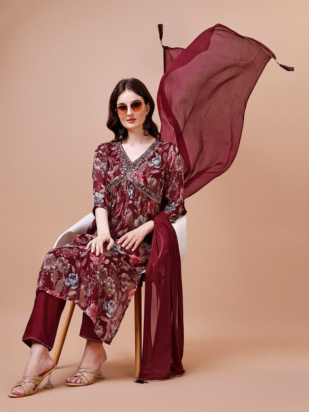 Alia Cut Hand Embroidered Floral Print Kurta With Pant & Dupatta, Multicolor - Hiral Fashion
