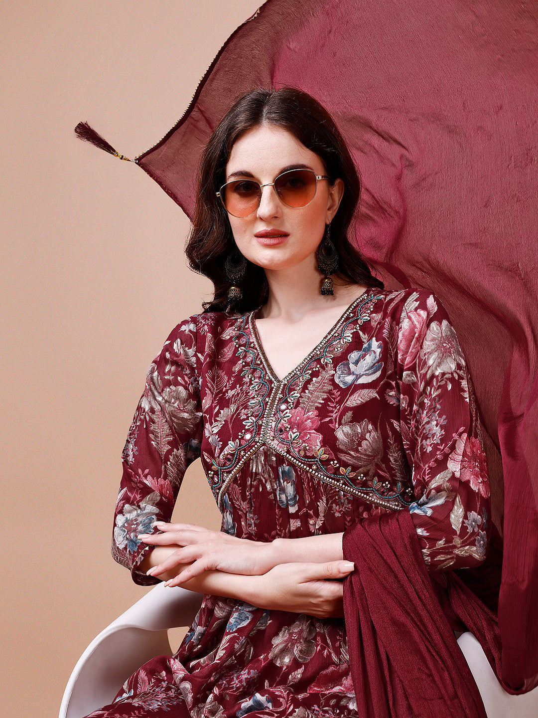 Alia Cut Hand Embroidered Floral Print Kurta With Pant & Dupatta, Multicolor - Hiral Fashion