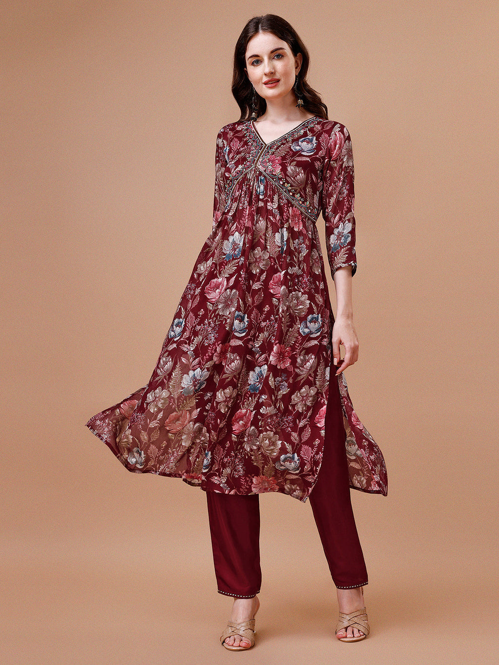 Alia Cut Hand Embroidered Floral Print Kurta With Pant & Dupatta, Multicolor - Hiral Fashion