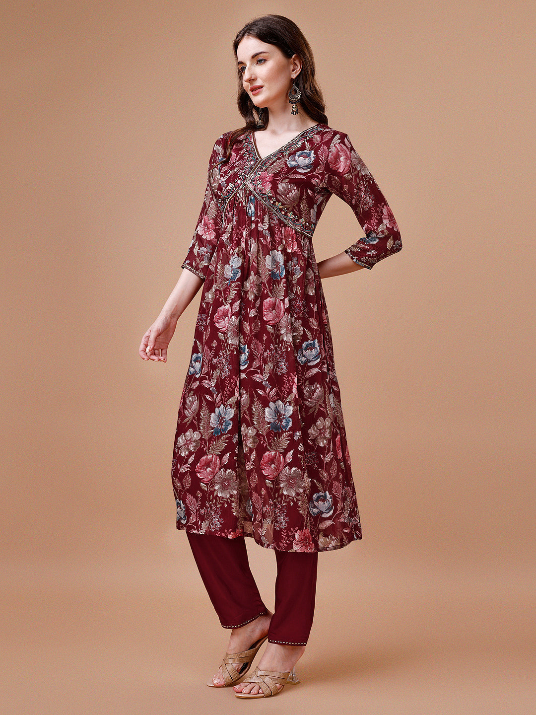 Alia Cut Hand Embroidered Floral Print Kurta With Pant & Dupatta, Multicolor - Hiral Fashion