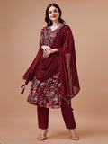 Alia Cut Hand Embroidered Floral Print Kurta With Pant & Dupatta, Multicolor - Hiral Fashion