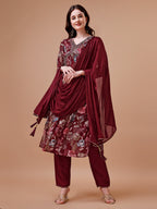 Alia Cut Hand Embroidered Floral Print Kurta With Pant & Dupatta, Multicolor - Hiral Fashion