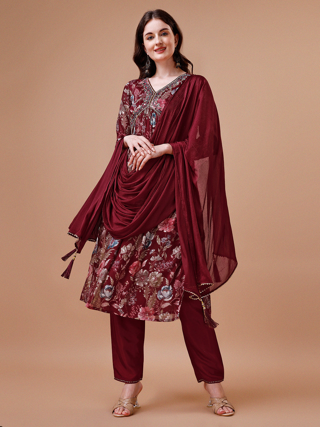 Alia Cut Hand Embroidered Floral Print Kurta With Pant & Dupatta, Multicolor - Hiral Fashion