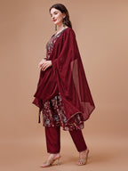 Alia Cut Hand Embroidered Floral Print Kurta With Pant & Dupatta, Multicolor - Hiral Fashion