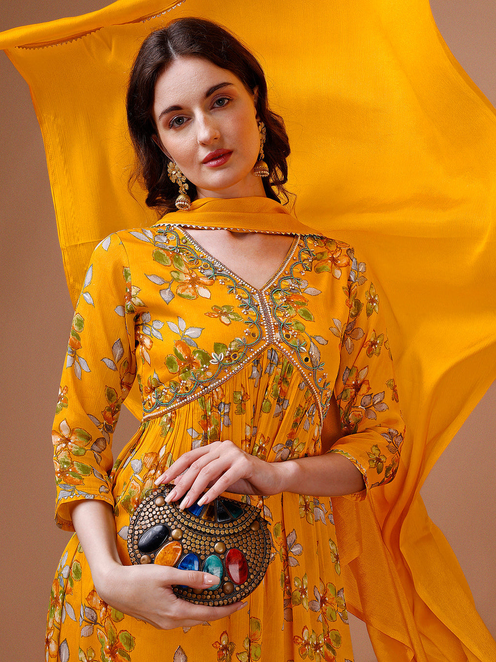 Alia Cut Hand Embroidered Floral Print Kurta With Pant & Dupatta, Multicolor - Hiral Fashion