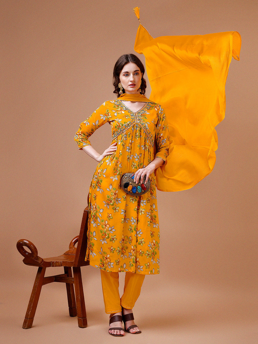 Alia Cut Hand Embroidered Floral Print Kurta With Pant & Dupatta, Multicolor - Hiral Fashion