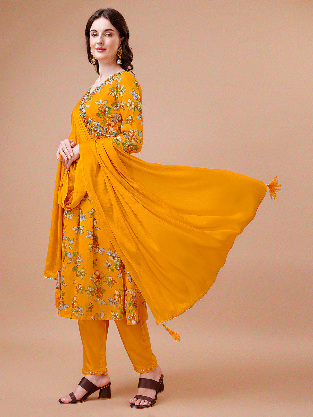 Alia Cut Hand Embroidered Floral Print Kurta With Pant & Dupatta, Multicolor - Hiral Fashion