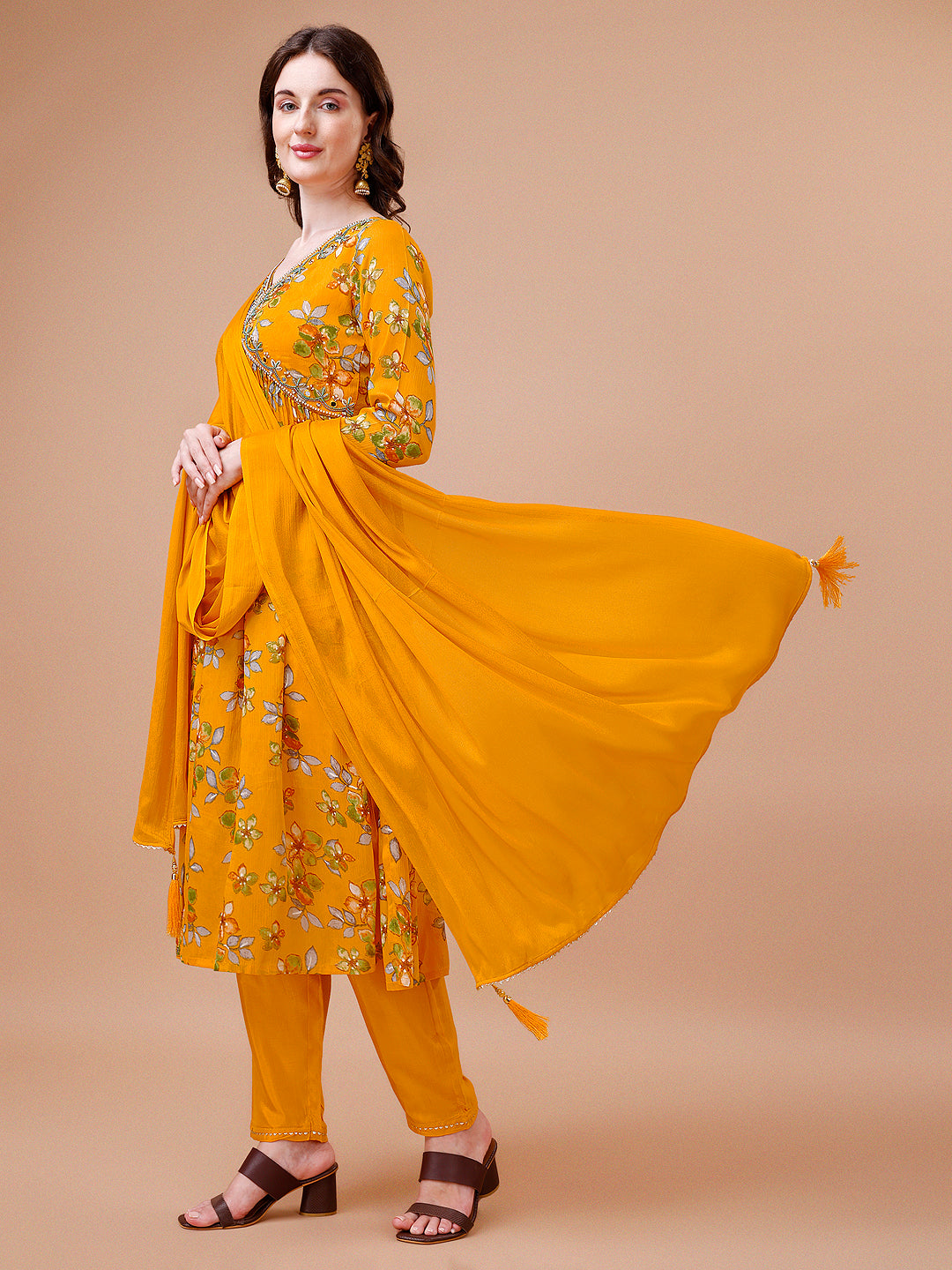 Alia Cut Hand Embroidered Floral Print Kurta With Pant & Dupatta, Multicolor - Hiral Fashion