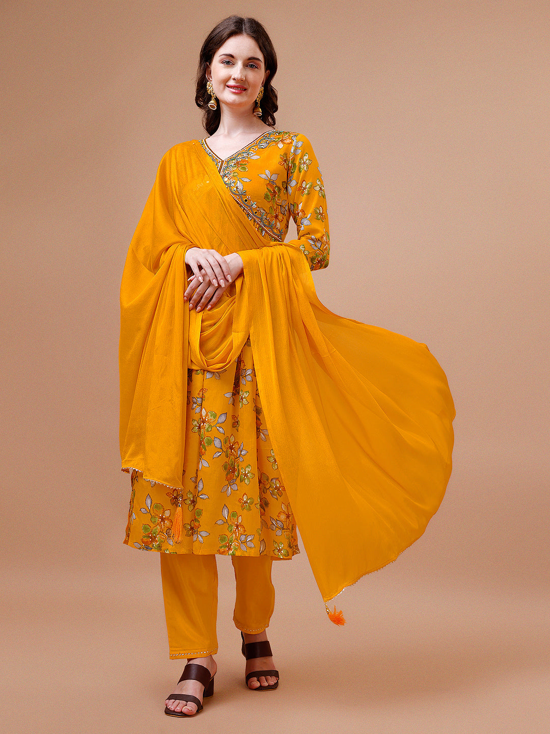 Alia Cut Hand Embroidered Floral Print Kurta With Pant & Dupatta, Multicolor - Hiral Fashion