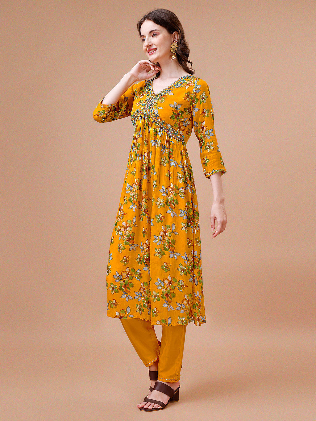 Alia Cut Hand Embroidered Floral Print Kurta With Pant & Dupatta, Multicolor - Hiral Fashion