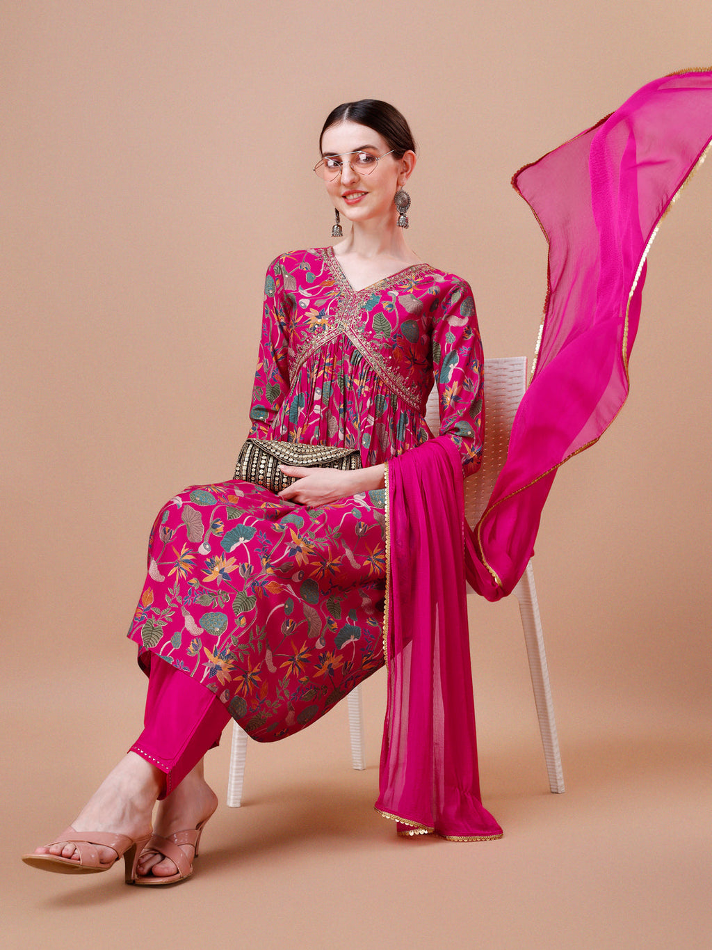 Alia Cut Embroidered & Floral Printed Kurta With Pant & Dupatta, Multicolor - Hiral Fashion
