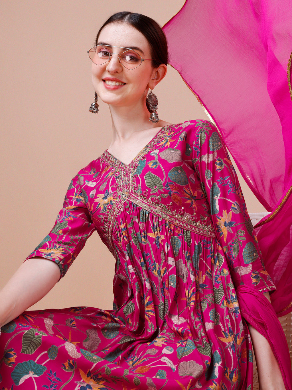 Alia Cut Embroidered & Floral Printed Kurta With Pant & Dupatta, Multicolor - Hiral Fashion