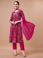 Alia Cut Embroidered & Floral Printed Kurta With Pant & Dupatta, Multicolor - Hiral Fashion