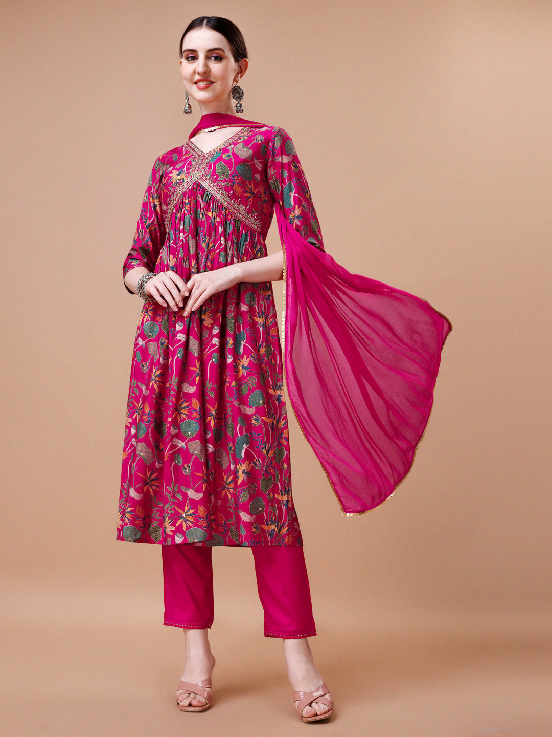 Alia Cut Embroidered & Floral Printed Kurta With Pant & Dupatta, Multicolor - Hiral Fashion