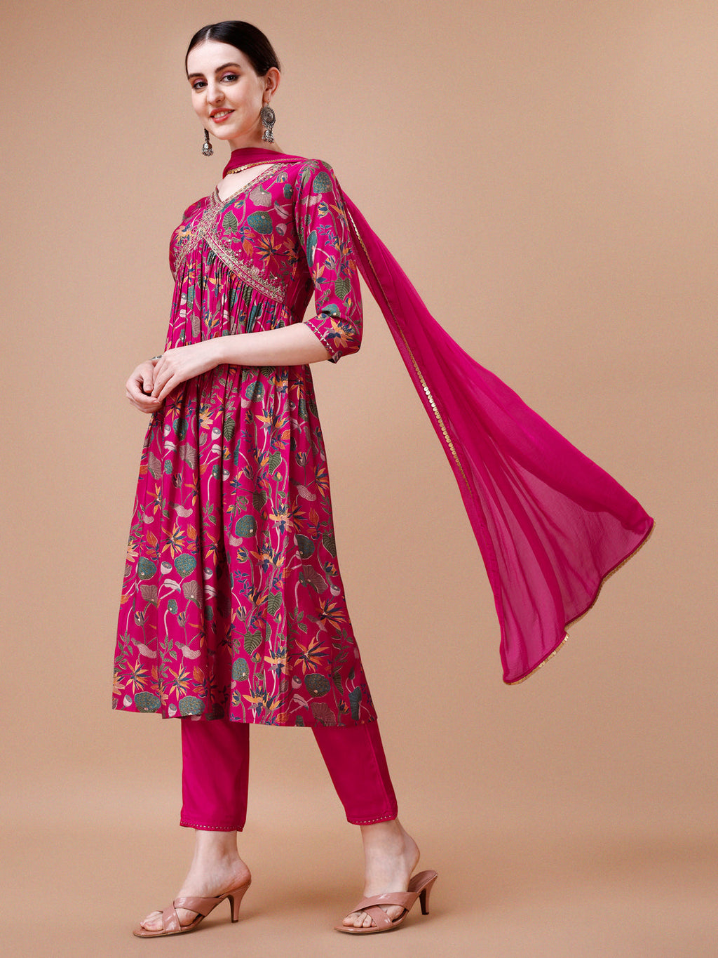 Alia Cut Embroidered & Floral Printed Kurta With Pant & Dupatta, Multicolor - Hiral Fashion