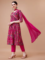 Alia Cut Embroidered & Floral Printed Kurta With Pant & Dupatta, Multicolor - Hiral Fashion