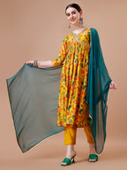 Alia Cut Embroidered & Floral Printed Kurta With Pant & Dupatta, Multicolor - Hiral Fashion - Distacart