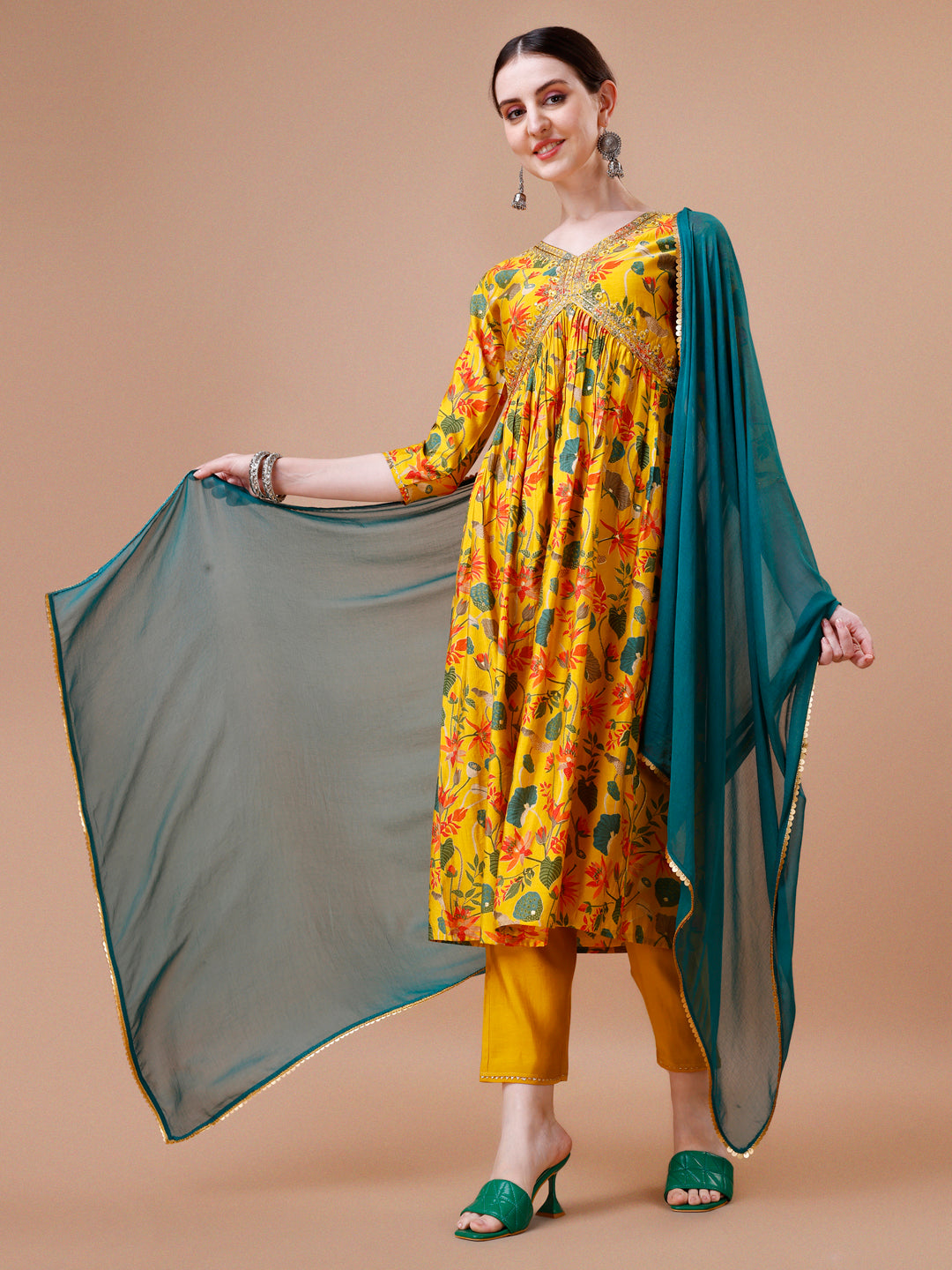 Alia Cut Embroidered & Floral Printed Kurta With Pant & Dupatta, Multicolor - Hiral Fashion - Distacart