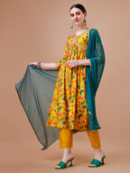 Alia Cut Embroidered & Floral Printed Kurta With Pant & Dupatta, Multicolor - Hiral Fashion - Distacart