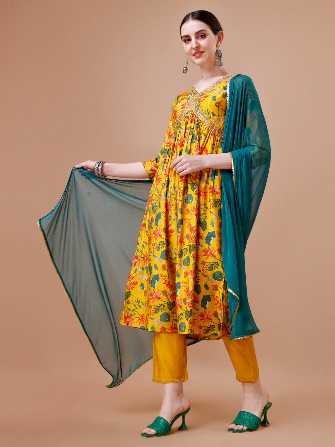 Alia Cut Embroidered & Floral Printed Kurta With Pant & Dupatta, Multicolor - Hiral Fashion - Distacart