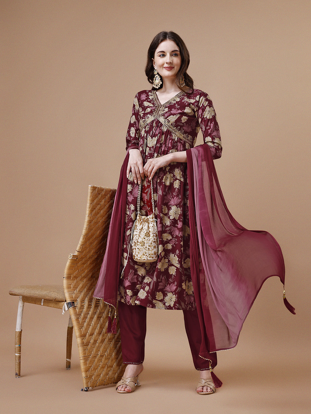 Alia Cut Printed & Embroidered Kurta With Pant & Dupatta, Multicolor - Hiral Fashion