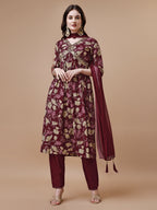 Alia Cut Printed & Embroidered Kurta With Pant & Dupatta, Multicolor - Hiral Fashion