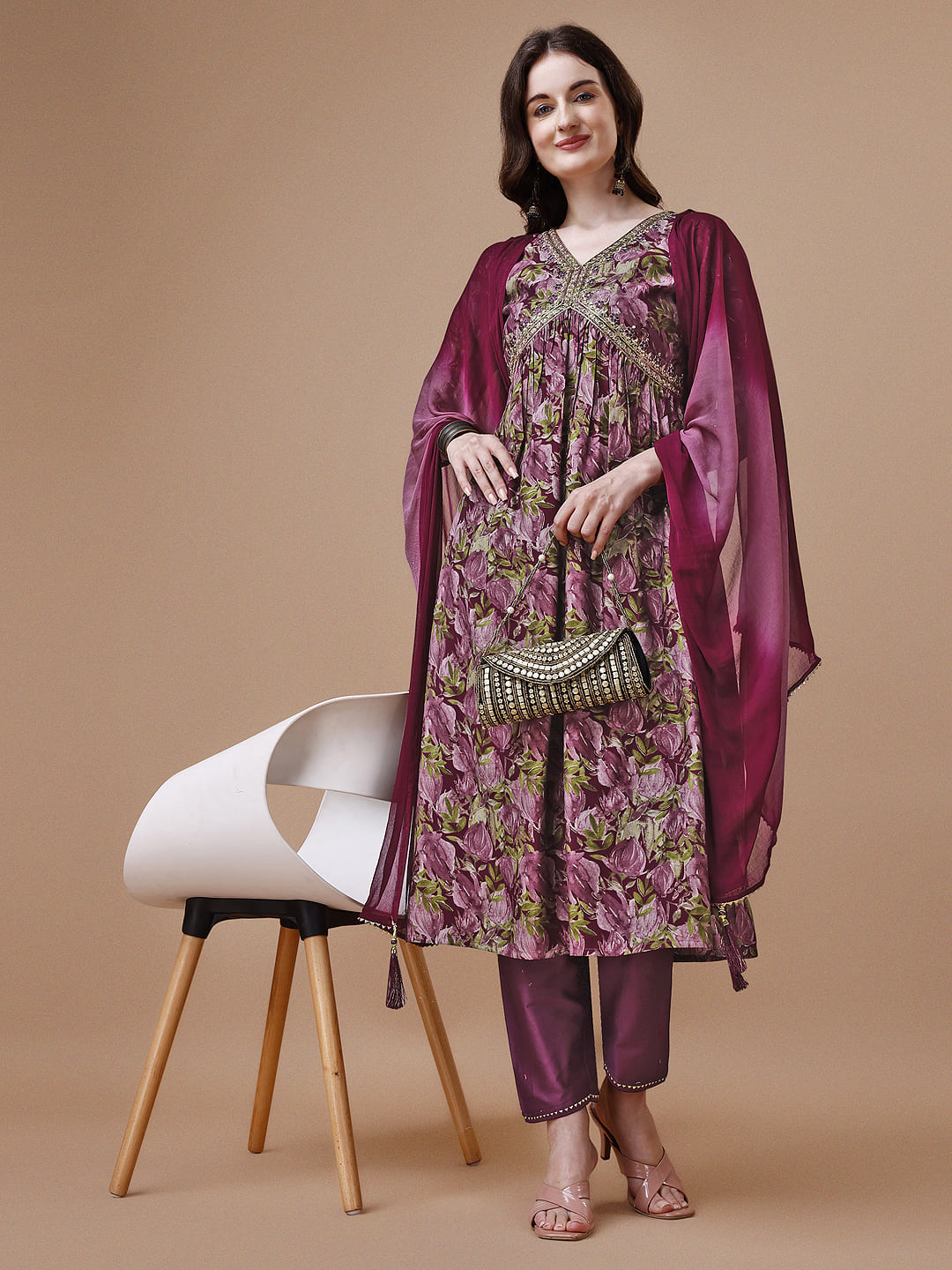 Alia Cut Printed & Embroidered Kurta With Pant & Dupatta, Multicolor - Hiral Fashion