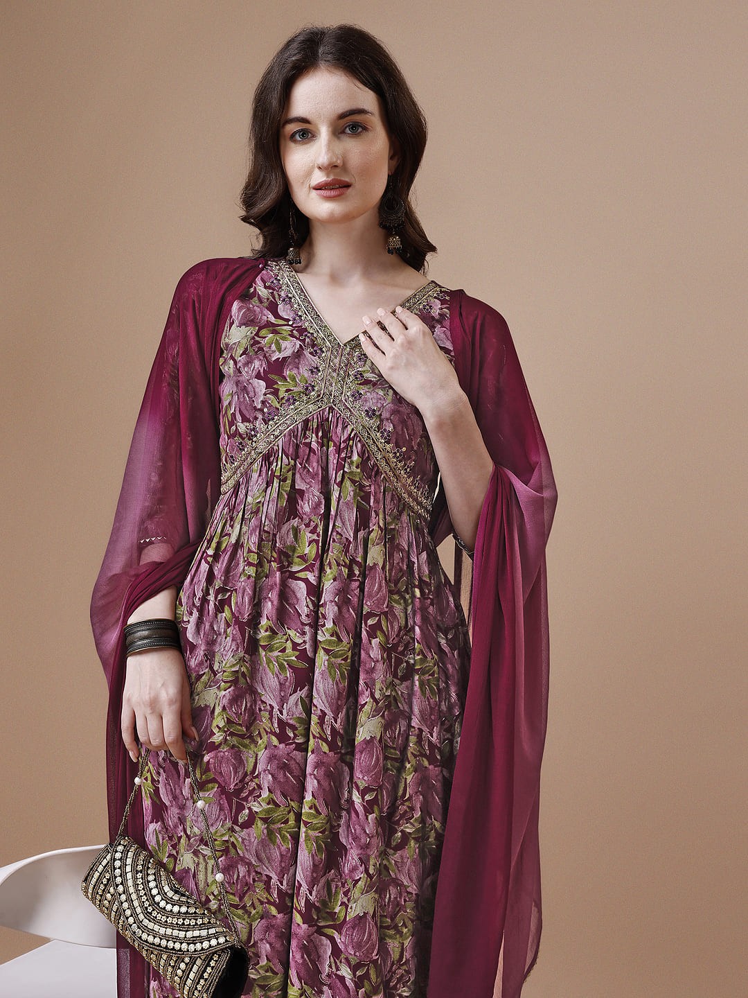 Alia Cut Printed & Embroidered Kurta With Pant & Dupatta, Multicolor - Hiral Fashion