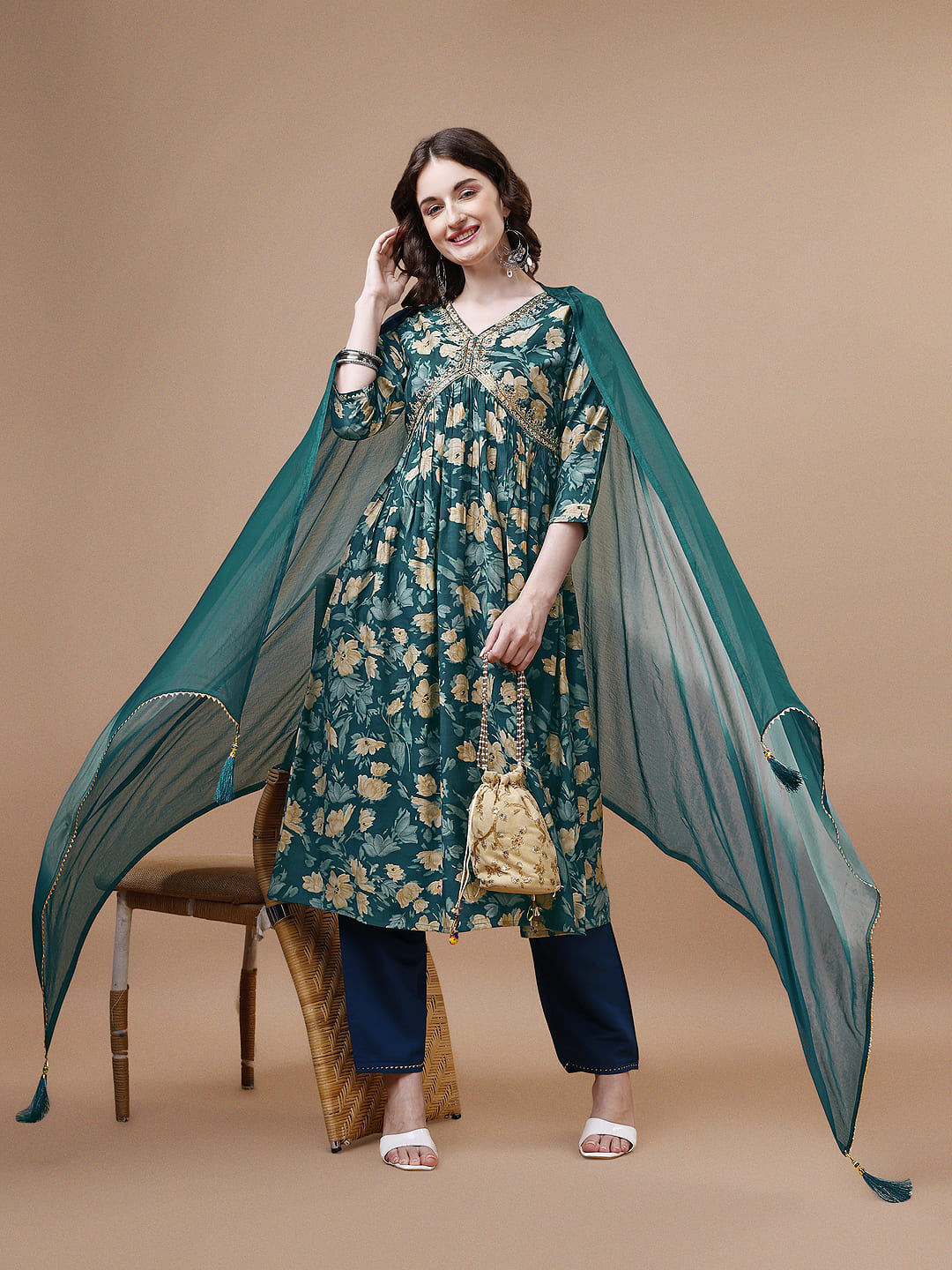 Alia Cut Printed & Embroidered Kurta With Pant & Dupatta, Multicolor - Hiral Fashion