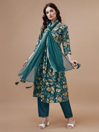 Alia Cut Printed & Embroidered Kurta With Pant & Dupatta, Multicolor - Hiral Fashion