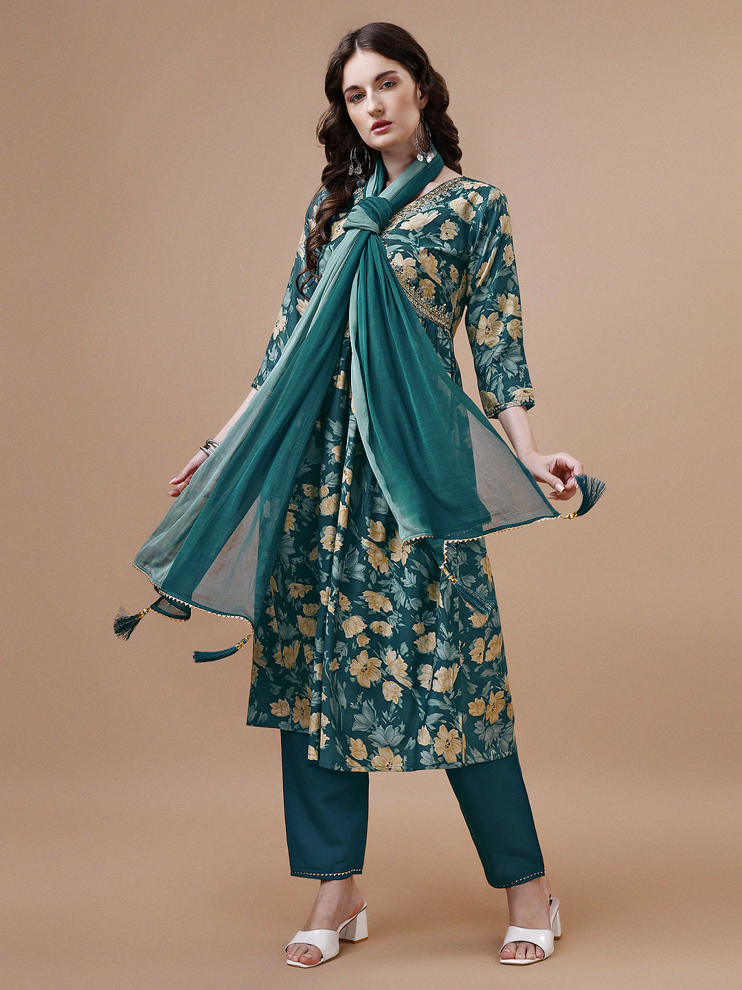 Alia Cut Printed & Embroidered Kurta With Pant & Dupatta, Multicolor - Hiral Fashion