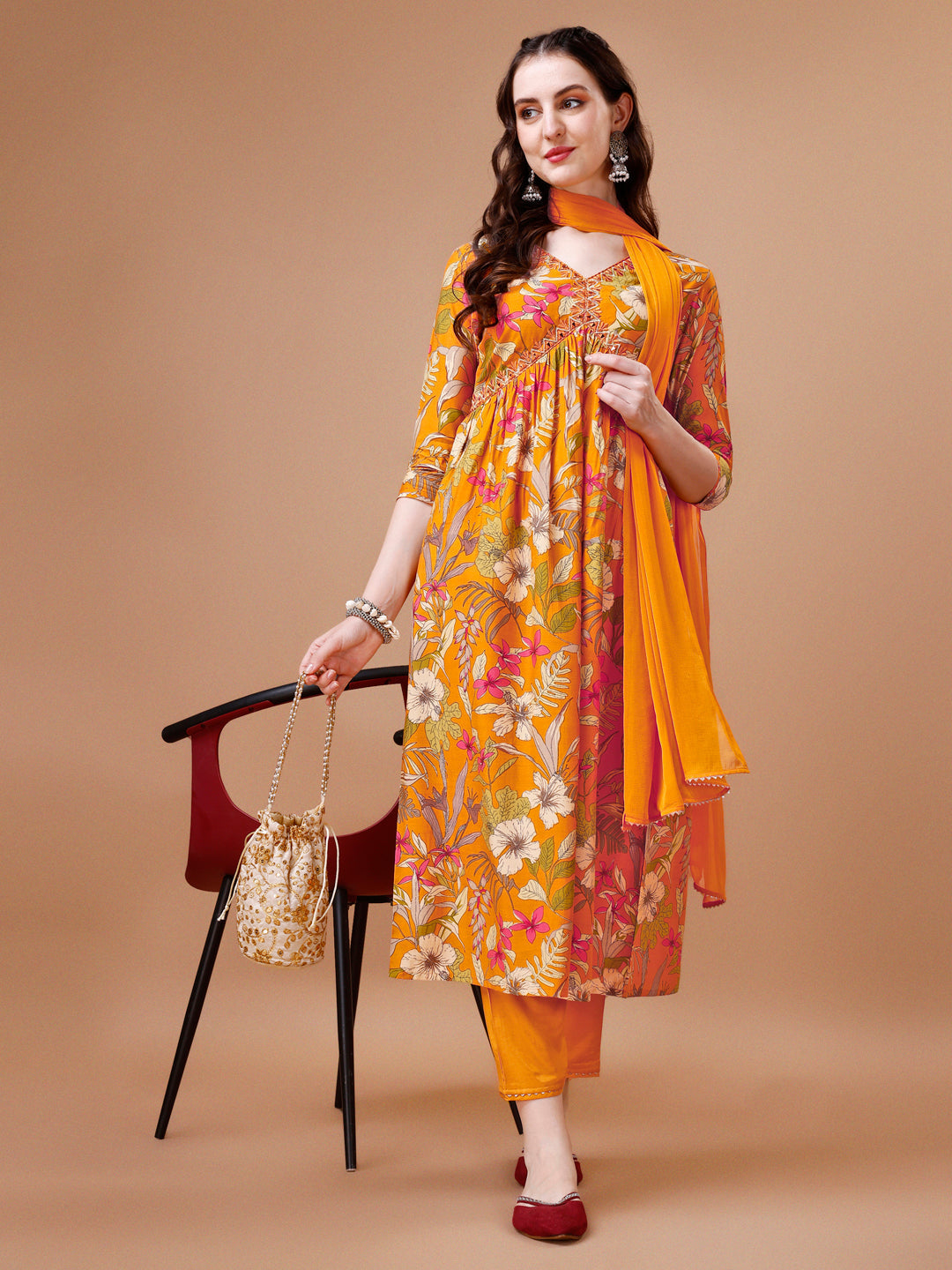 Alia Cut Floral Printed & Embroidered Kurta With Pant & Dupatta, Multicolor - Hiral Fashion