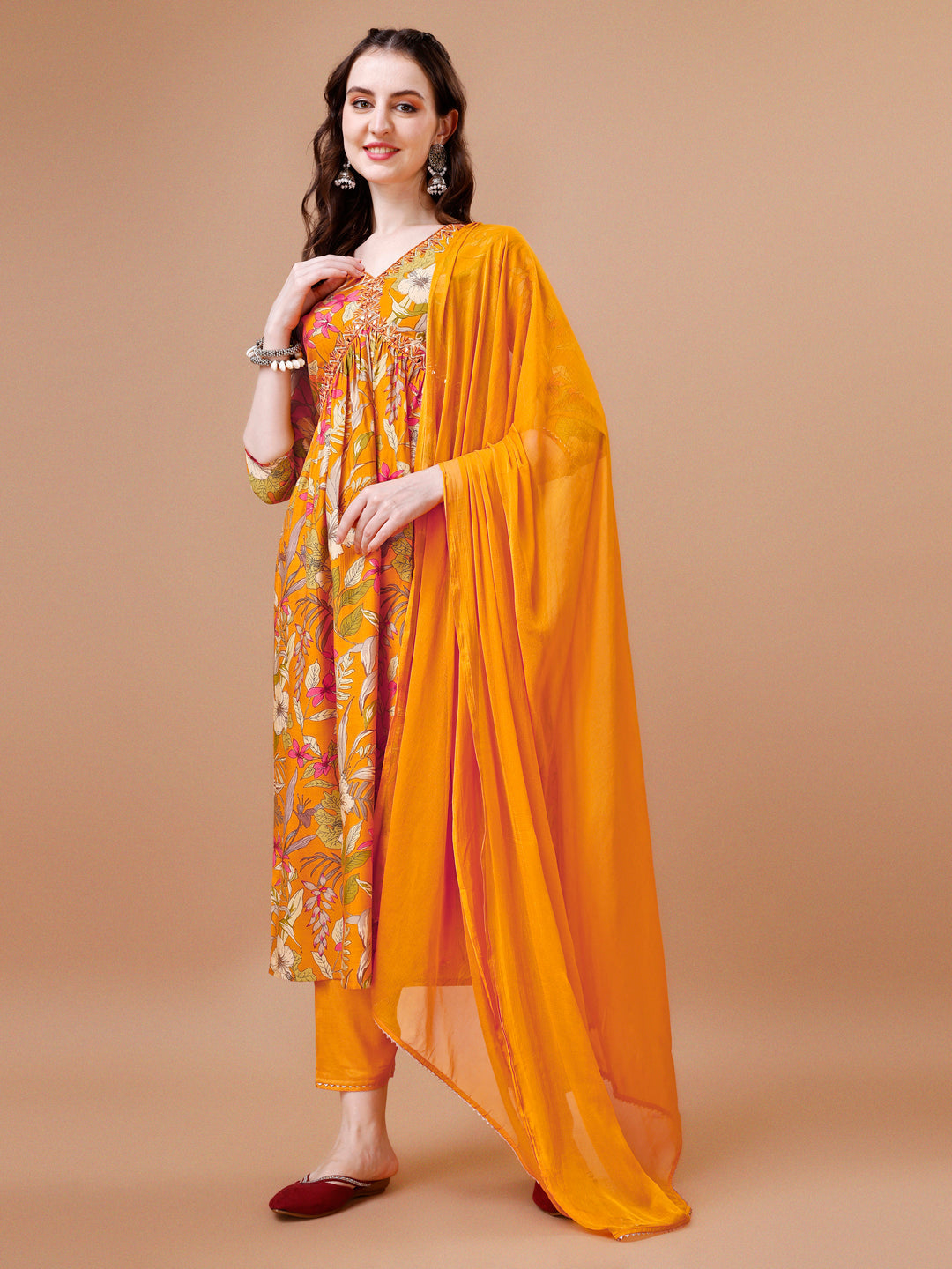 Alia Cut Floral Printed & Embroidered Kurta With Pant & Dupatta, Multicolor - Hiral Fashion