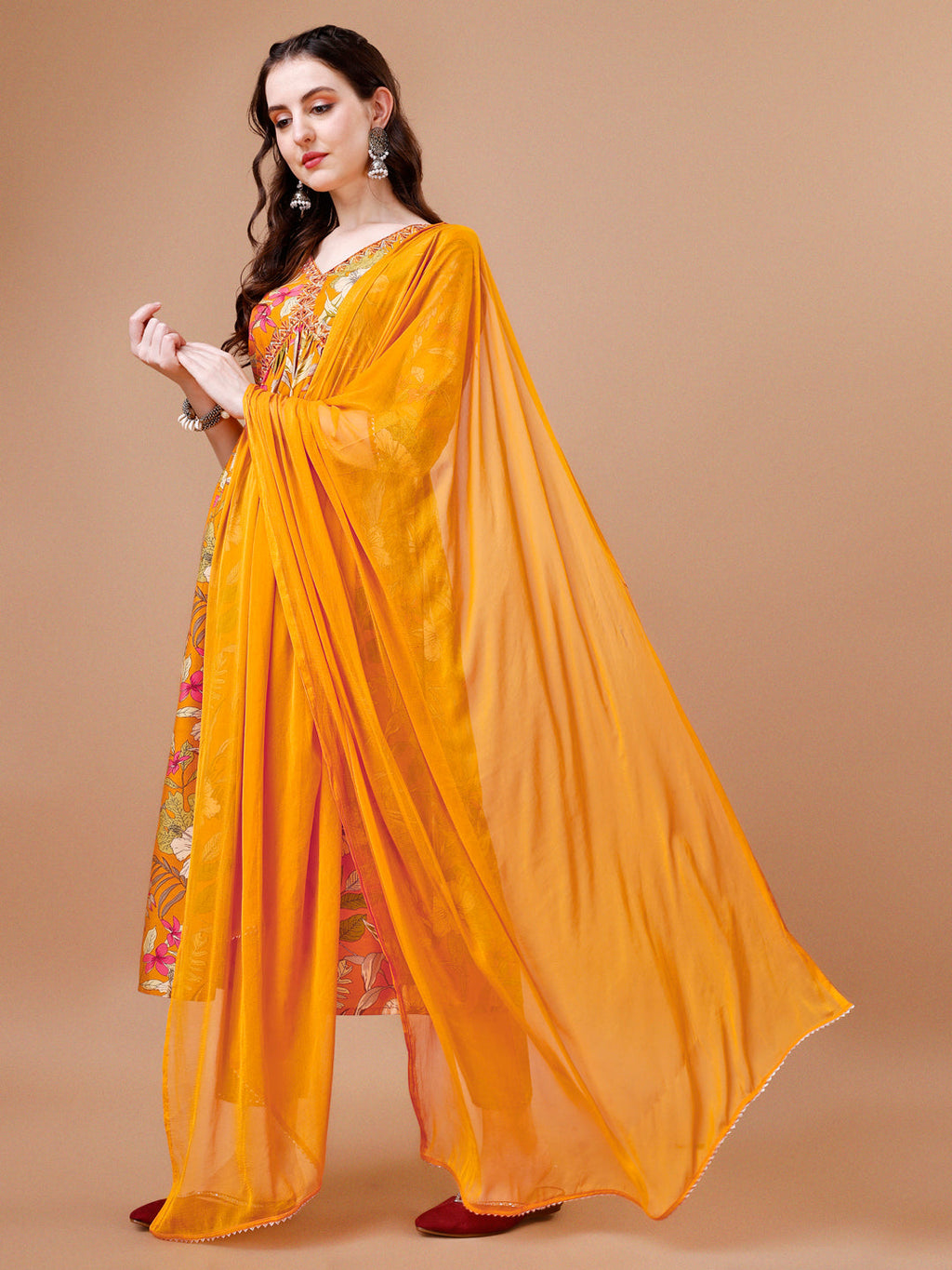 Alia Cut Floral Printed & Embroidered Kurta With Pant & Dupatta, Multicolor - Hiral Fashion