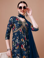Alia Cut Floral Printed Embroidered Kurta With Pant & Dupatta, Multicolor - Hiral Fashion
