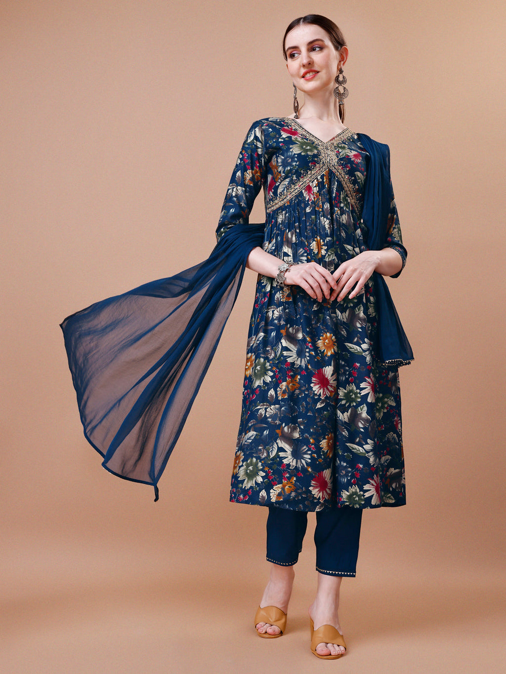 Alia Cut Floral Printed Embroidered Kurta With Pant & Dupatta, Multicolor - Hiral Fashion