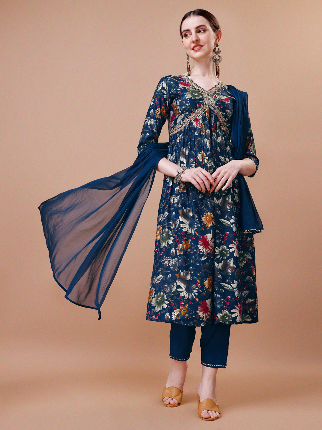 Alia Cut Floral Printed Embroidered Kurta With Pant & Dupatta, Multicolor - Hiral Fashion