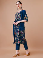 Alia Cut Floral Printed Embroidered Kurta With Pant & Dupatta, Multicolor - Hiral Fashion
