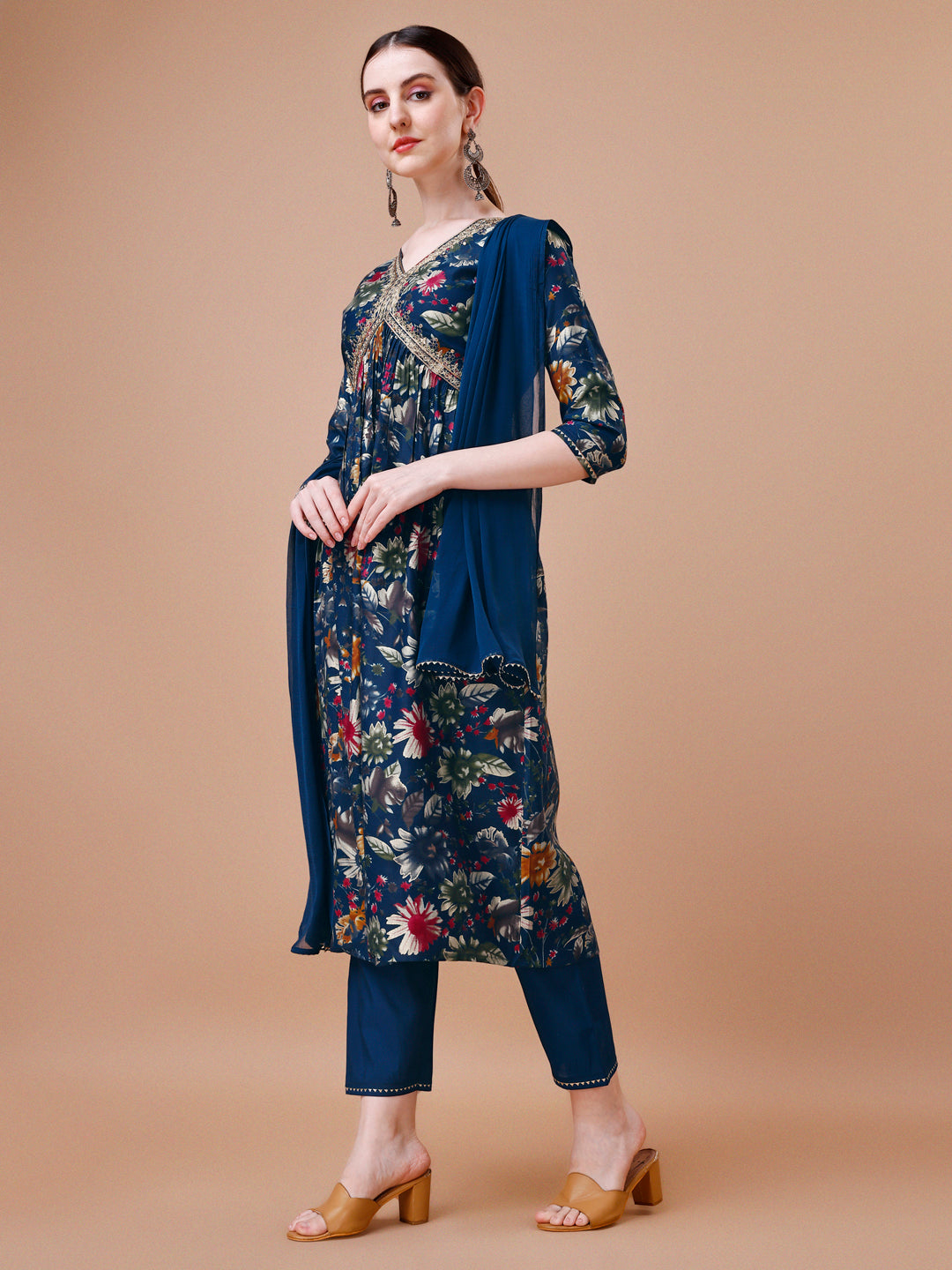 Alia Cut Floral Printed Embroidered Kurta With Pant & Dupatta, Multicolor - Hiral Fashion