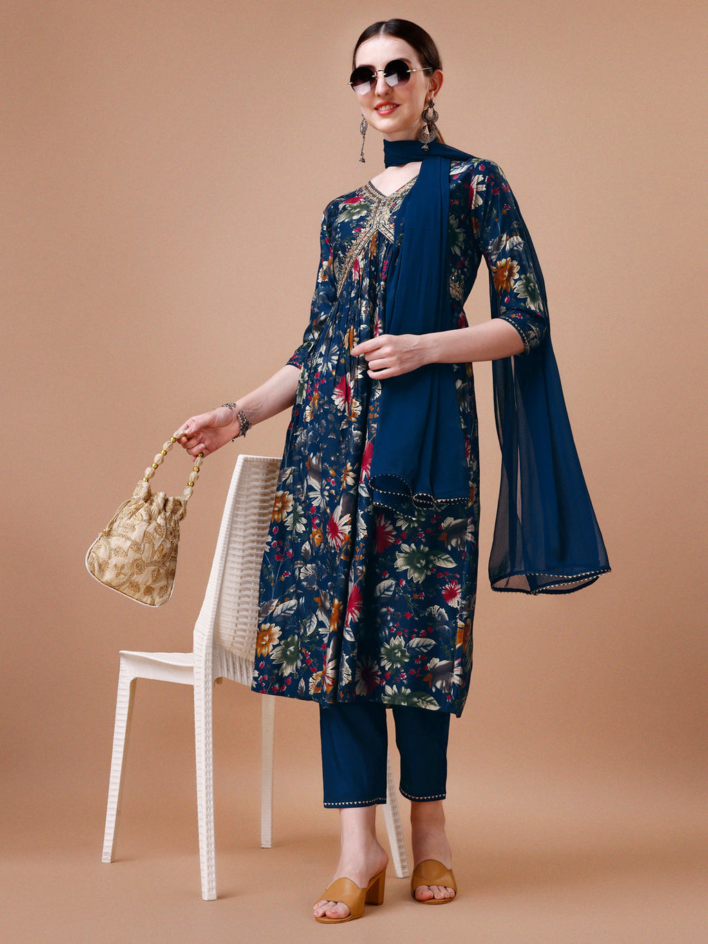 Alia Cut Floral Printed Embroidered Kurta With Pant & Dupatta, Multicolor - Hiral Fashion
