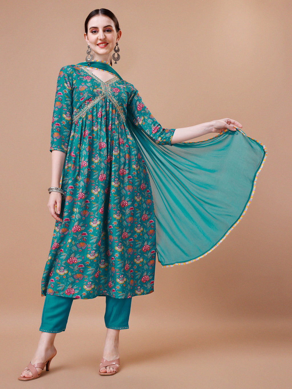 Alia Cut Embroidered & Floral Printed Kurta With Pant & Dupatta, Multicolor - Hiral Fashion