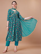 Alia Cut Embroidered & Floral Printed Kurta With Pant & Dupatta, Multicolor - Hiral Fashion