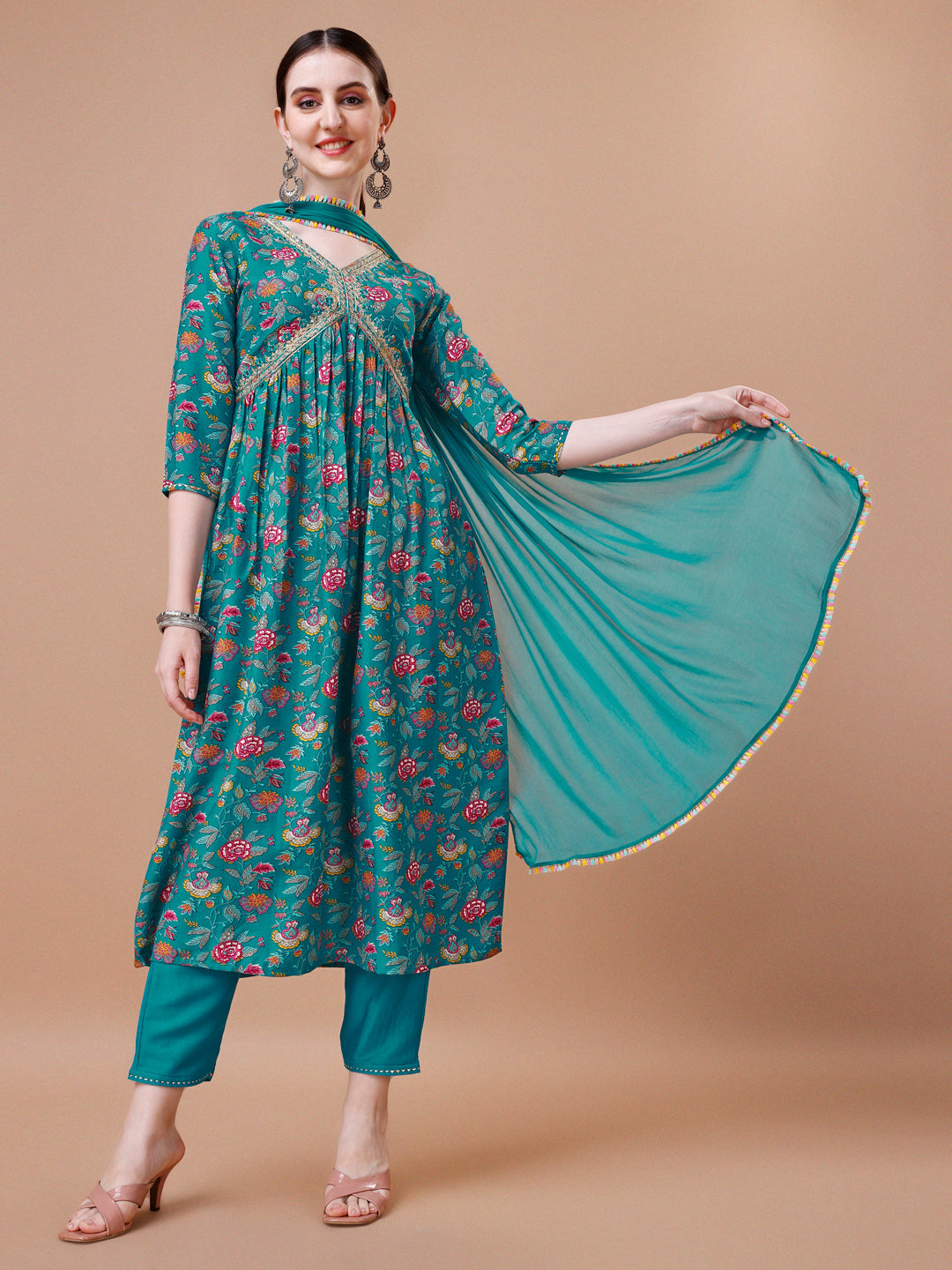 Alia Cut Embroidered & Floral Printed Kurta With Pant & Dupatta, Multicolor - Hiral Fashion
