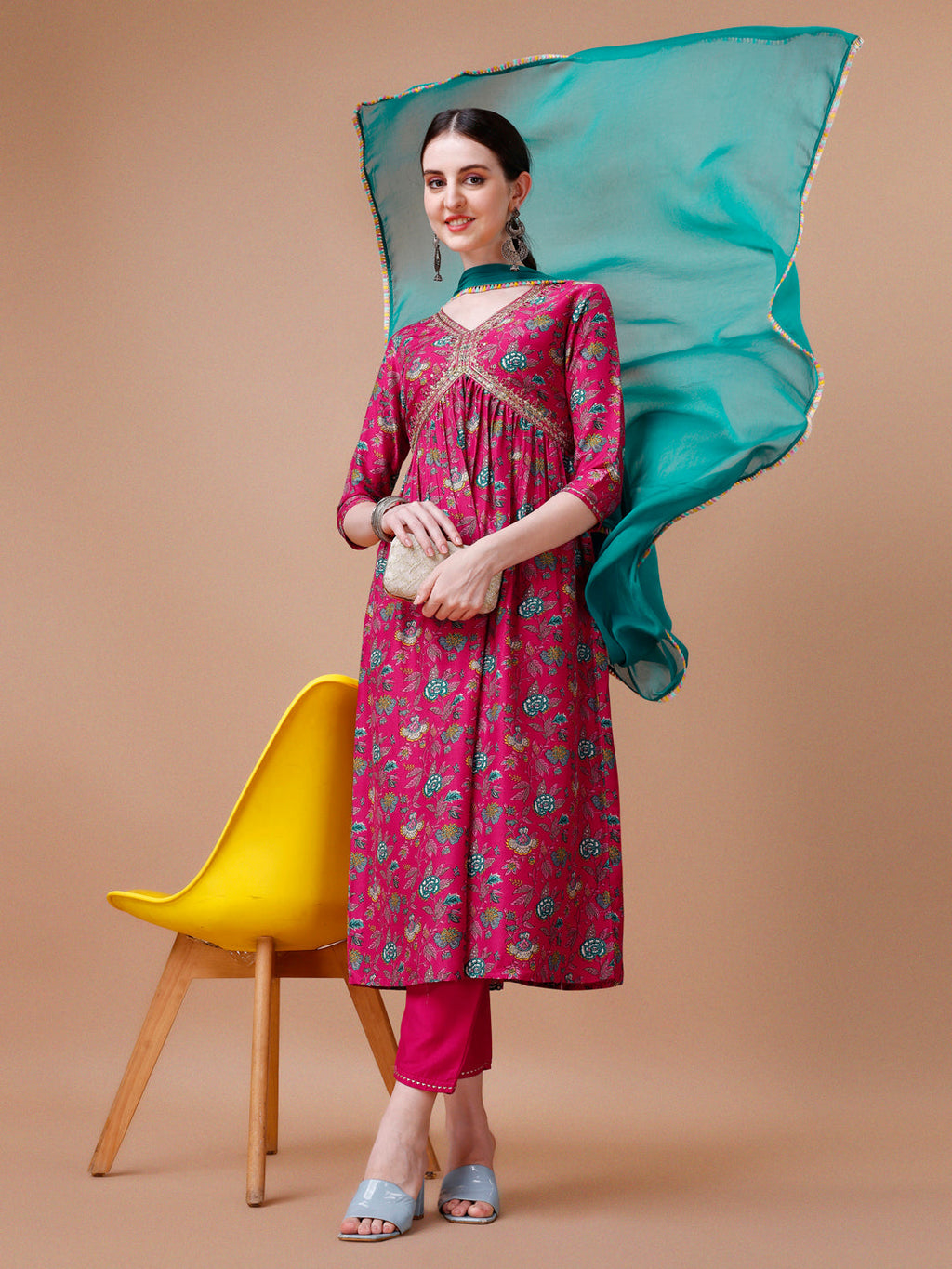Alia Cut Embroidered & Floral Printed Kurta With Pant & Dupatta, Multicolor - Hiral Fashion