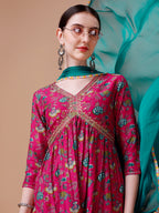 Alia Cut Embroidered & Floral Printed Kurta With Pant & Dupatta, Multicolor - Hiral Fashion