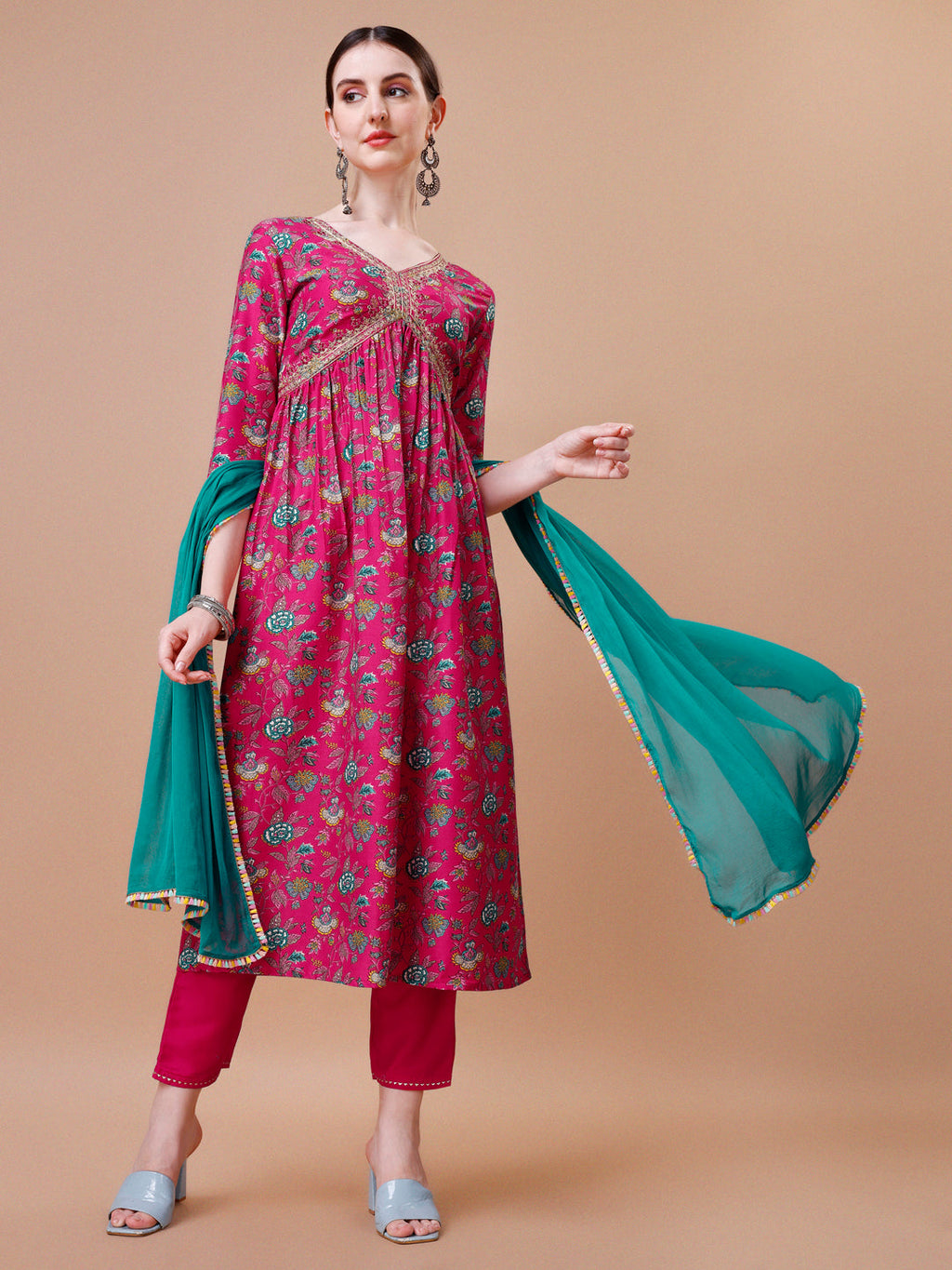 Alia Cut Embroidered & Floral Printed Kurta With Pant & Dupatta, Multicolor - Hiral Fashion