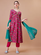 Alia Cut Embroidered & Floral Printed Kurta With Pant & Dupatta, Multicolor - Hiral Fashion